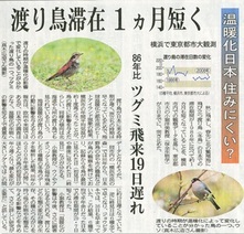 福井新聞　渡り鳥滞在1ヵ月短く　温暖化日本住みにくい？（2012.10.04）