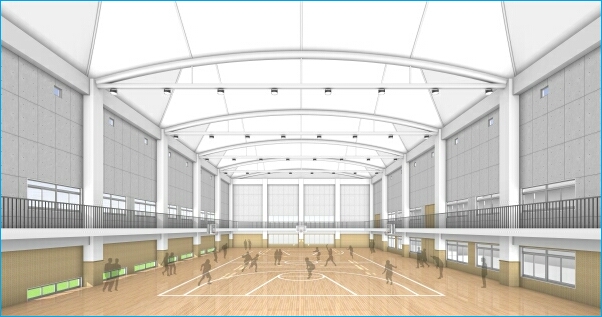 新体育館　2階　天井高12ｍ～15ｍを有する、膜構造の屋根をかけた明るいアリーナ（体育館）を設置します（3階・4階に相当）。外周（4階に相当）には、１周122ｍのランニングコースと筋力トレーニングスペースを設置します。