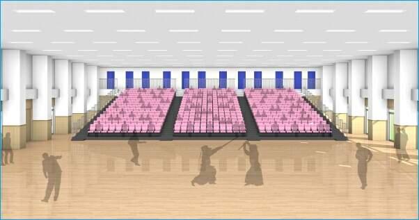 新体育館　1階　長野県内の高校では最大級規模の移動観覧席（360席）を擁する1060名収容の多目的ホール（講堂兼体育施設）を設置します。（1階・2階に相当）